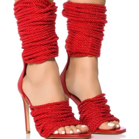 EUC AZALEA WANG Totally Knotted Up Rope Charlene Sandal Heels in Red - Picture 16 of 16